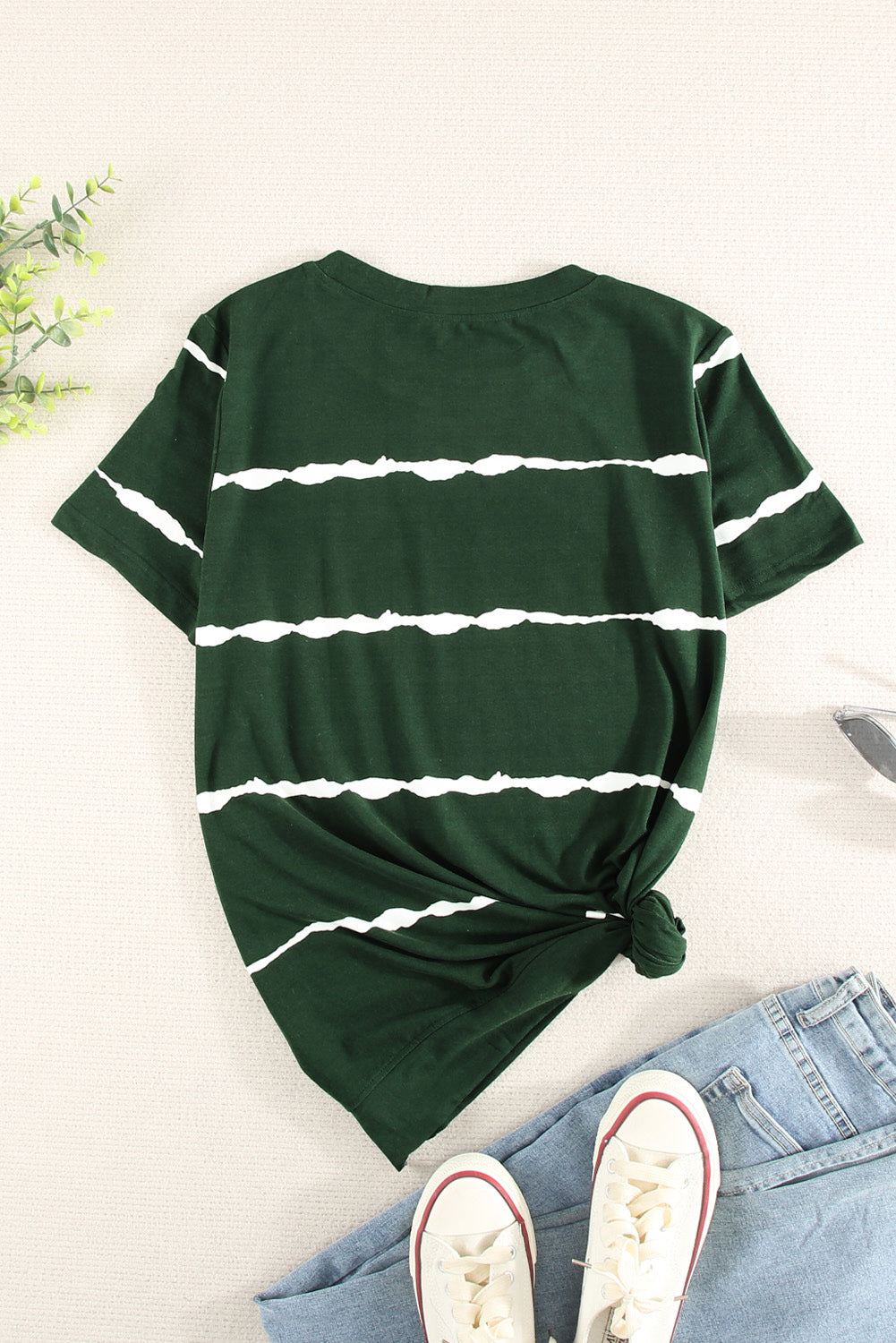Green Tie-dye Stripe Casual T-Shirt displayed on a mannequin, showcasing its stylish design and soft fabric.