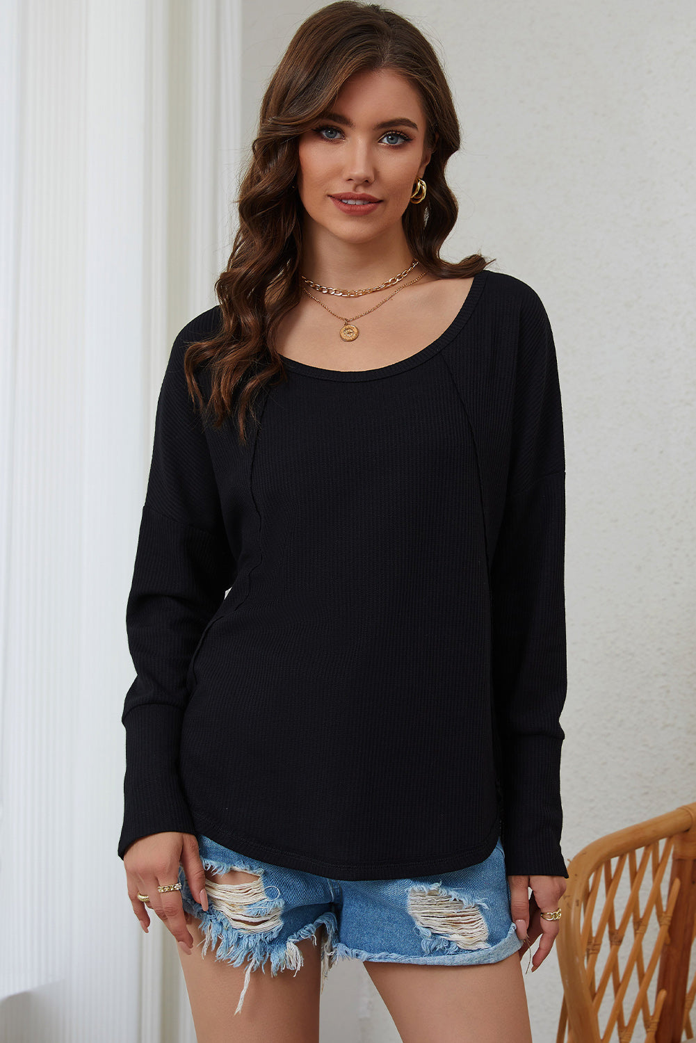 A stylish green waffle knit long sleeve top featuring splicing buttons and a crew neckline, perfect for casual wear.