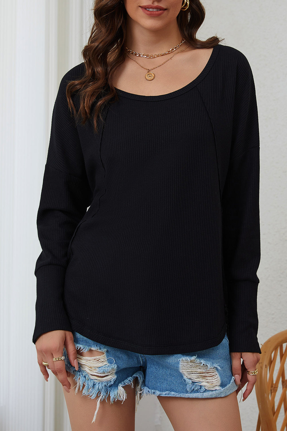 A stylish green waffle knit long sleeve top featuring splicing buttons and a crew neckline, perfect for casual wear.