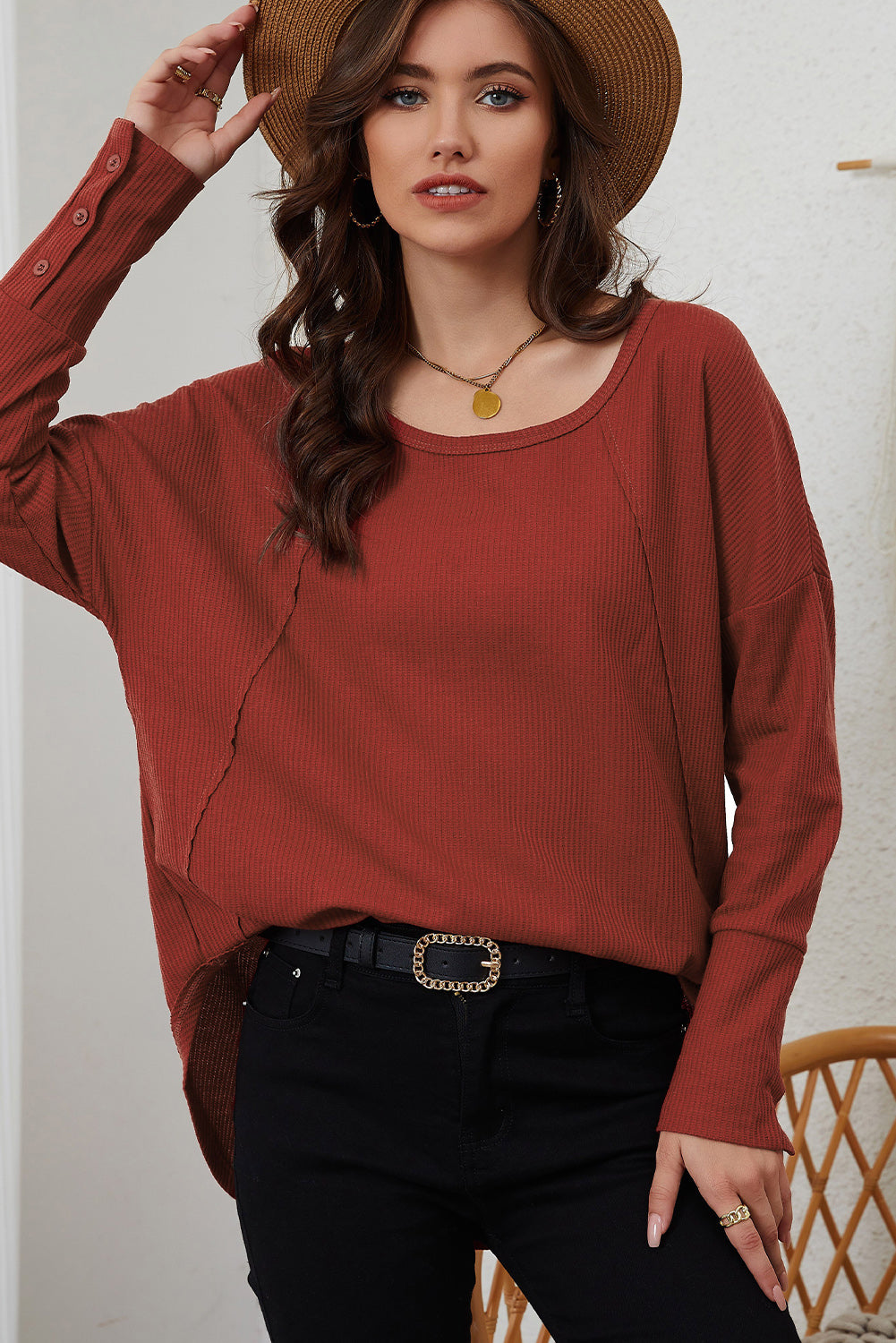 A stylish green waffle knit long sleeve top featuring splicing buttons and a crew neckline, perfect for casual wear.