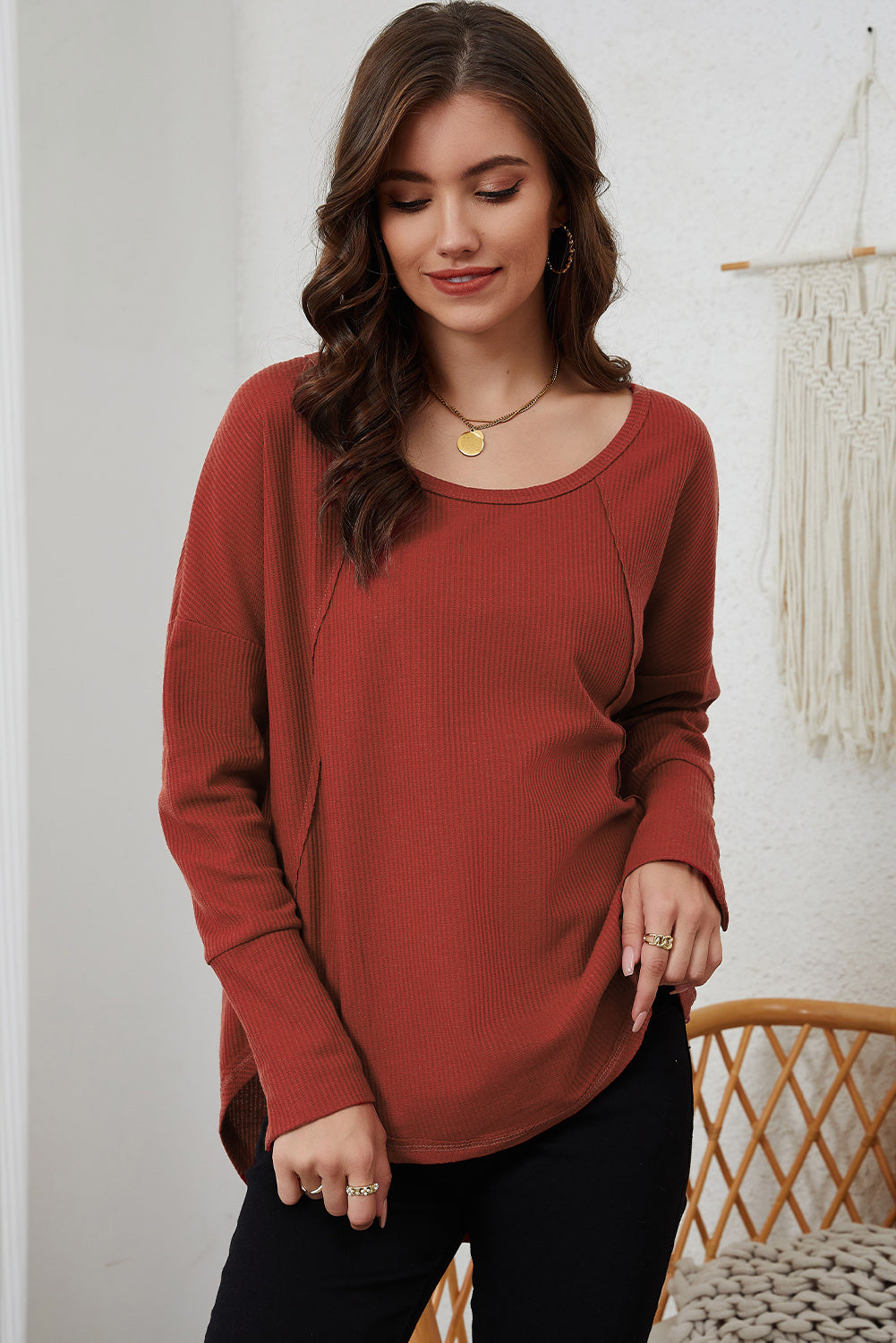 A stylish green waffle knit long sleeve top featuring splicing buttons and a crew neckline, perfect for casual wear.