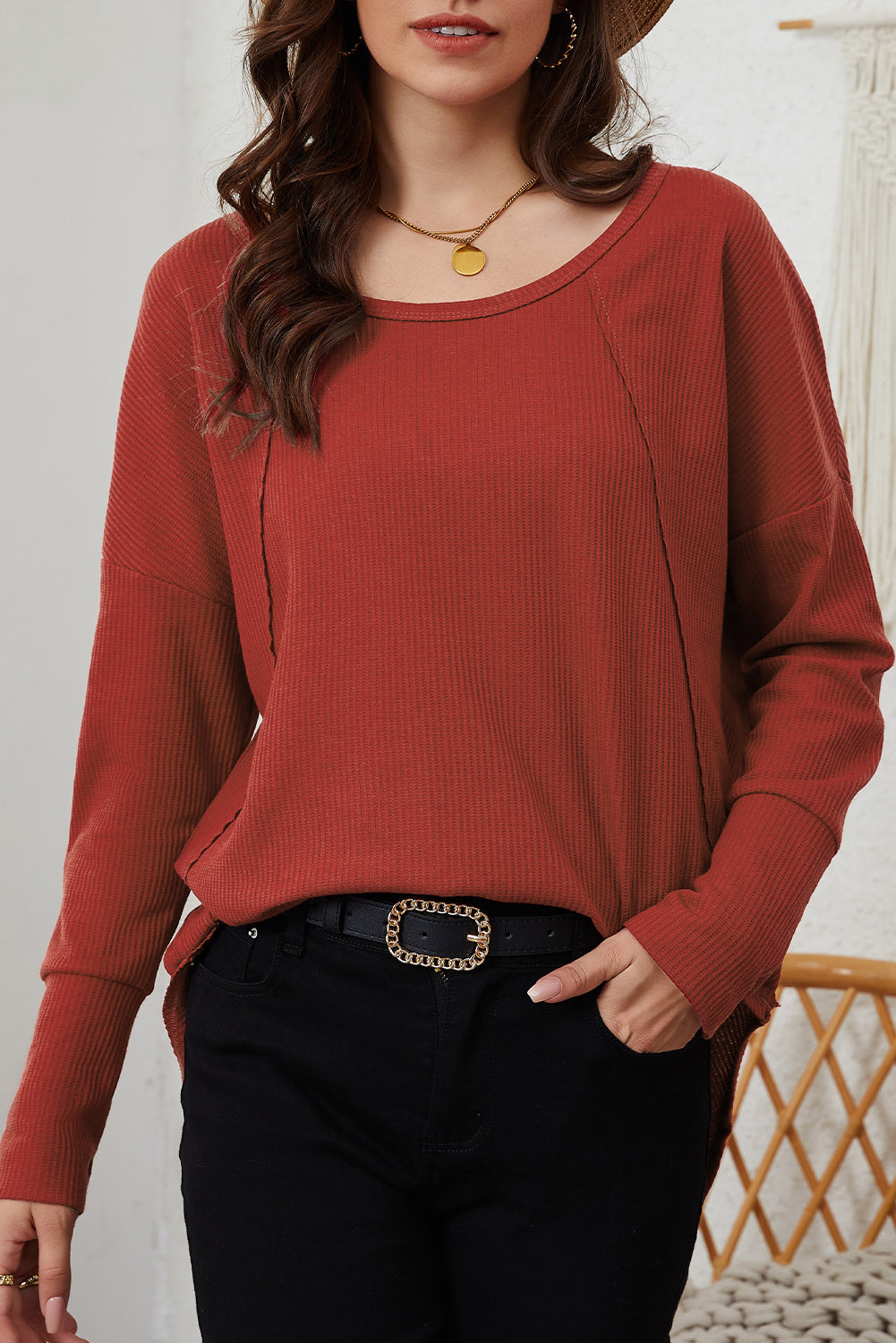 A stylish green waffle knit long sleeve top featuring splicing buttons and a crew neckline, perfect for casual wear.