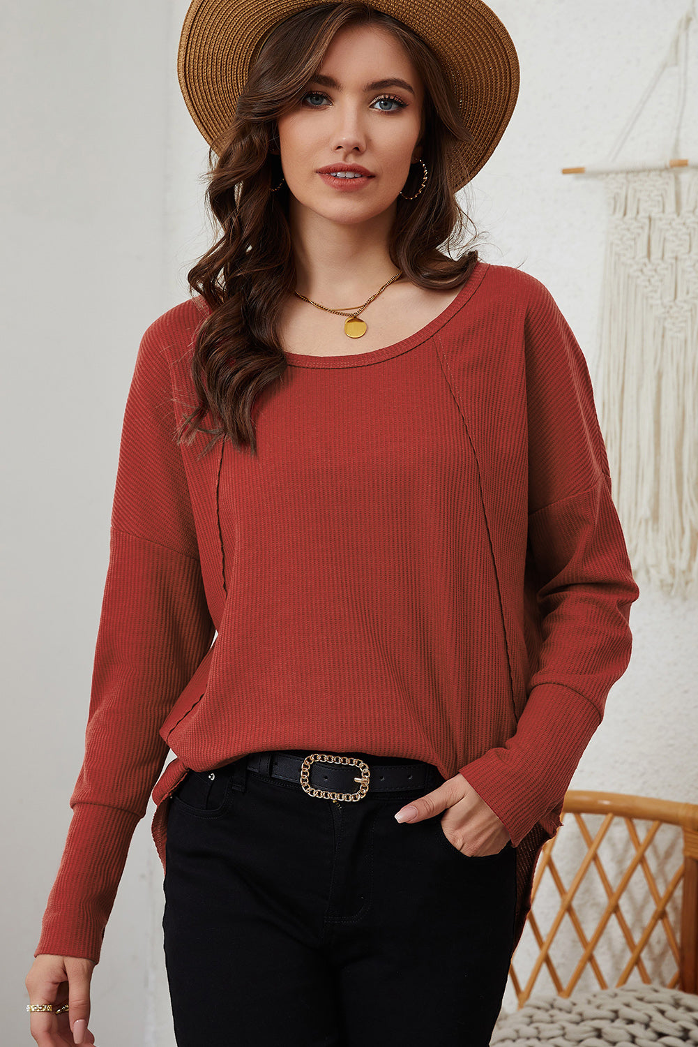 A stylish green waffle knit long sleeve top featuring splicing buttons and a crew neckline, perfect for casual wear.