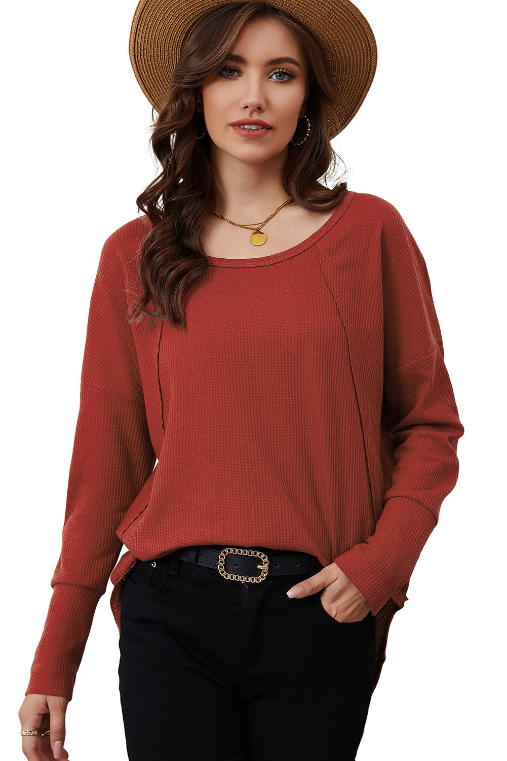 A stylish green waffle knit long sleeve top featuring splicing buttons and a crew neckline, perfect for casual wear.
