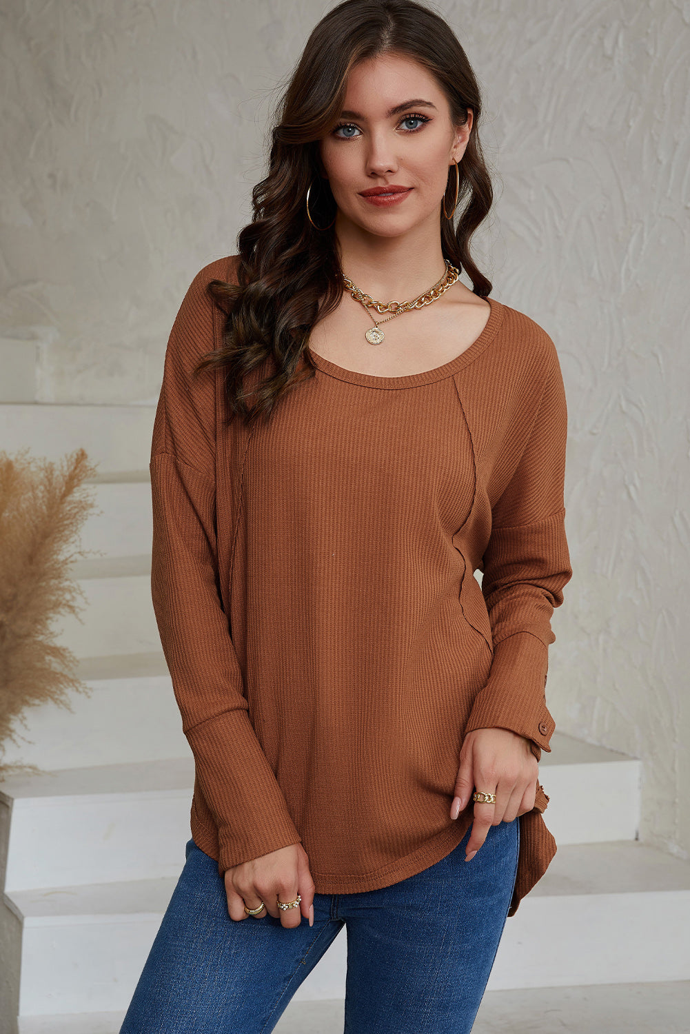A stylish green waffle knit long sleeve top featuring splicing buttons and a crew neckline, perfect for casual wear.
