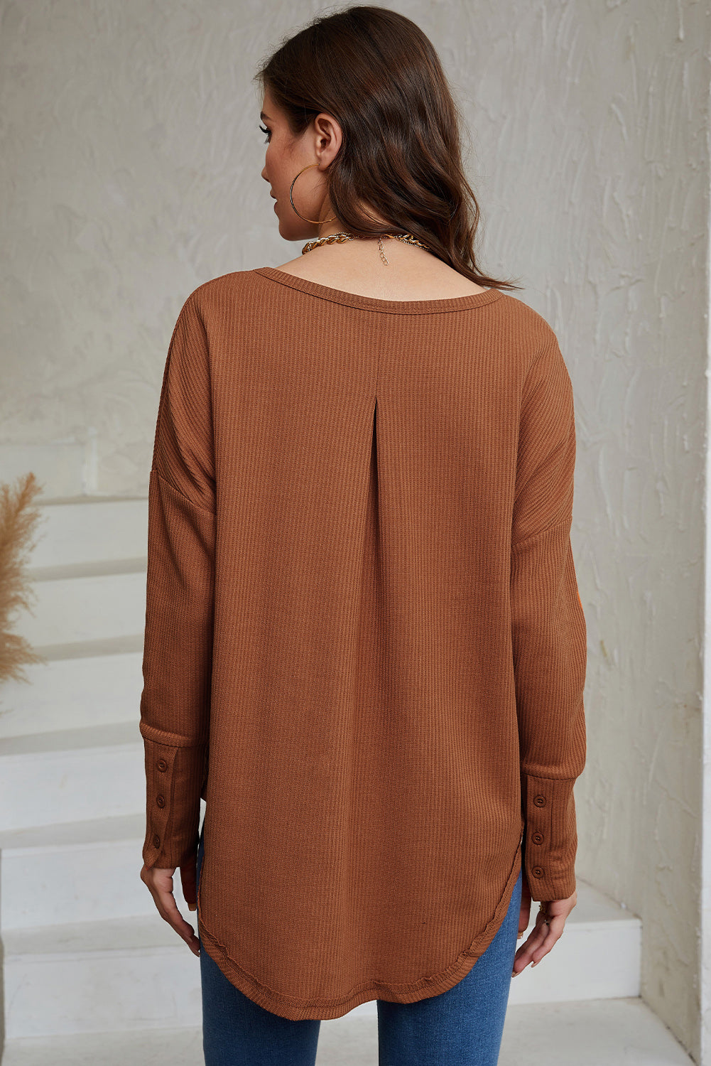 A stylish green waffle knit long sleeve top featuring splicing buttons and a crew neckline, perfect for casual wear.