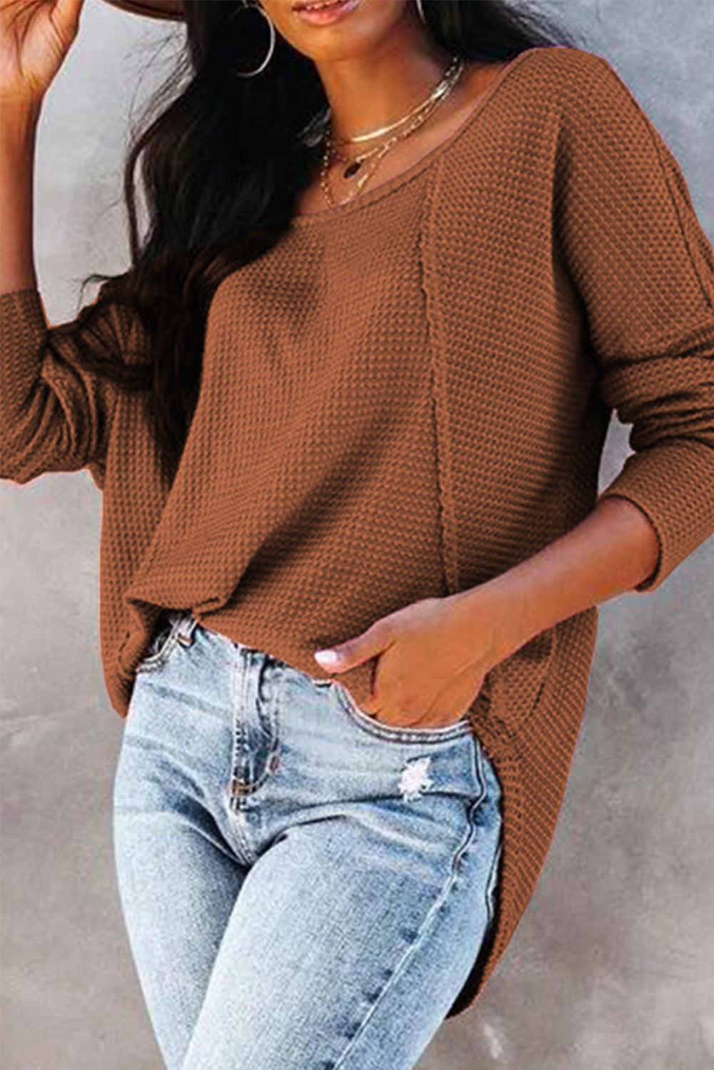 A stylish green waffle knit long sleeve top featuring splicing buttons and a crew neckline, perfect for casual wear.