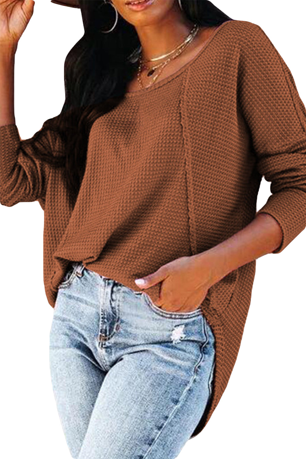 A stylish green waffle knit long sleeve top featuring splicing buttons and a crew neckline, perfect for casual wear.