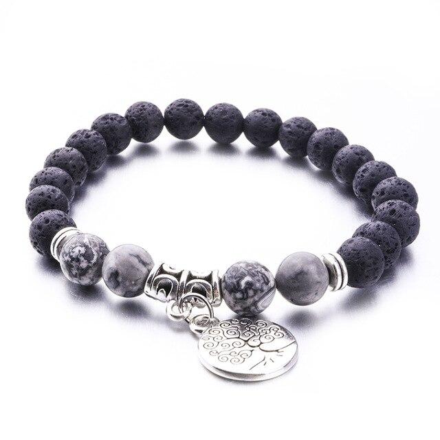 Grey Marble Tree of Life Lava Stone Bracelet featuring absorbent lava stones and elegant marble design.