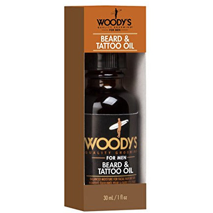 Woody's Grooming Beard & Tattoo Oil bottle with a wooden cap, showcasing its premium quality and natural ingredients.