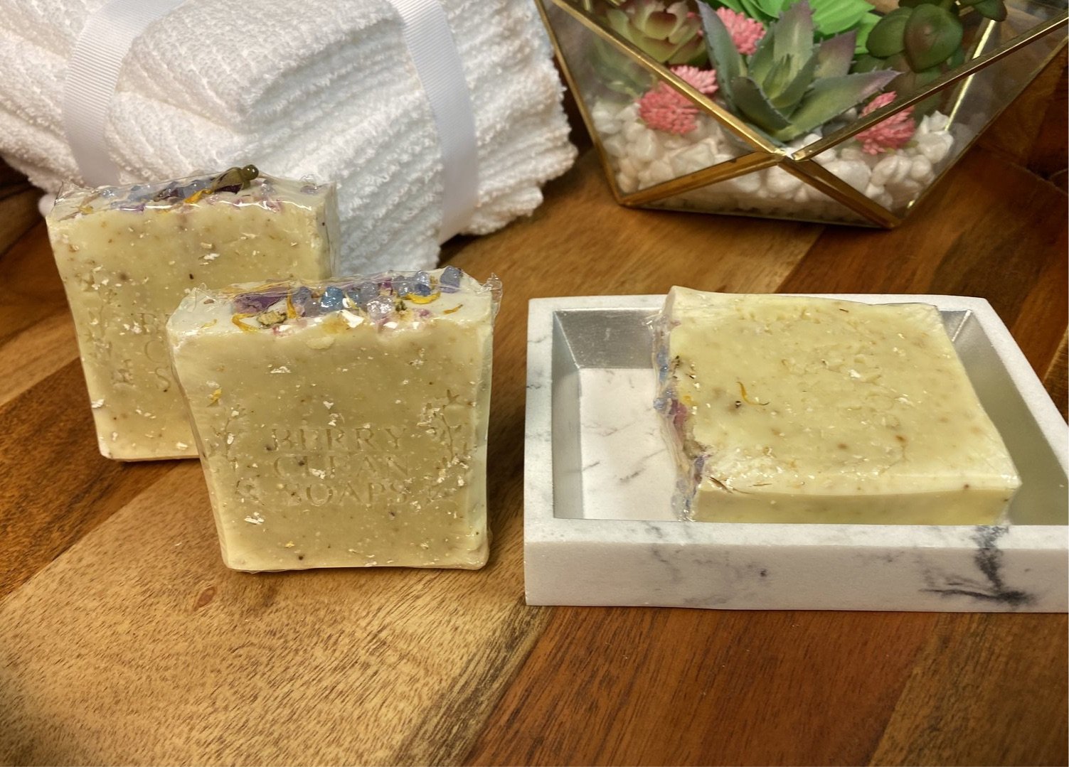 A bar of Guava & Fig Soap showcasing its natural colors and texture, ideal for sensitive skin.
