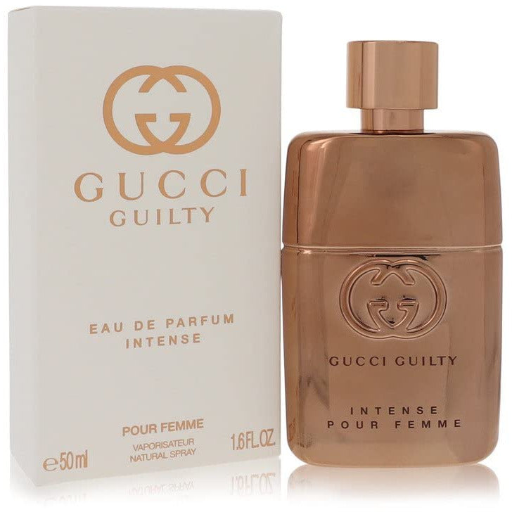 Gucci Guilty Eau de Parfum Intense Pour Femme bottle with elegant design and luxurious gold and black colors.