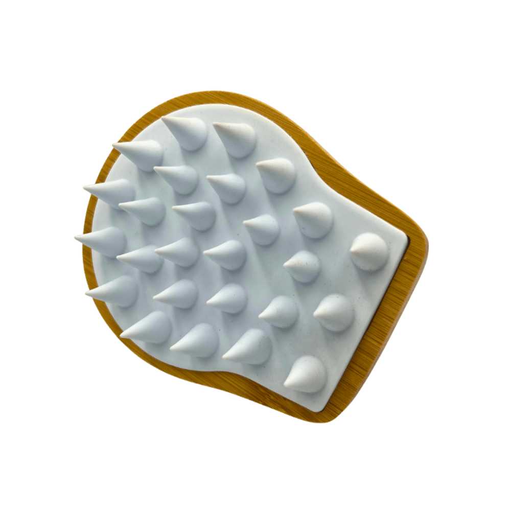 Hair and Scalp Massaging Brush made of natural wood and silicone, featuring a comfortable ergonomic handle and soft bristles for effective scalp massage.