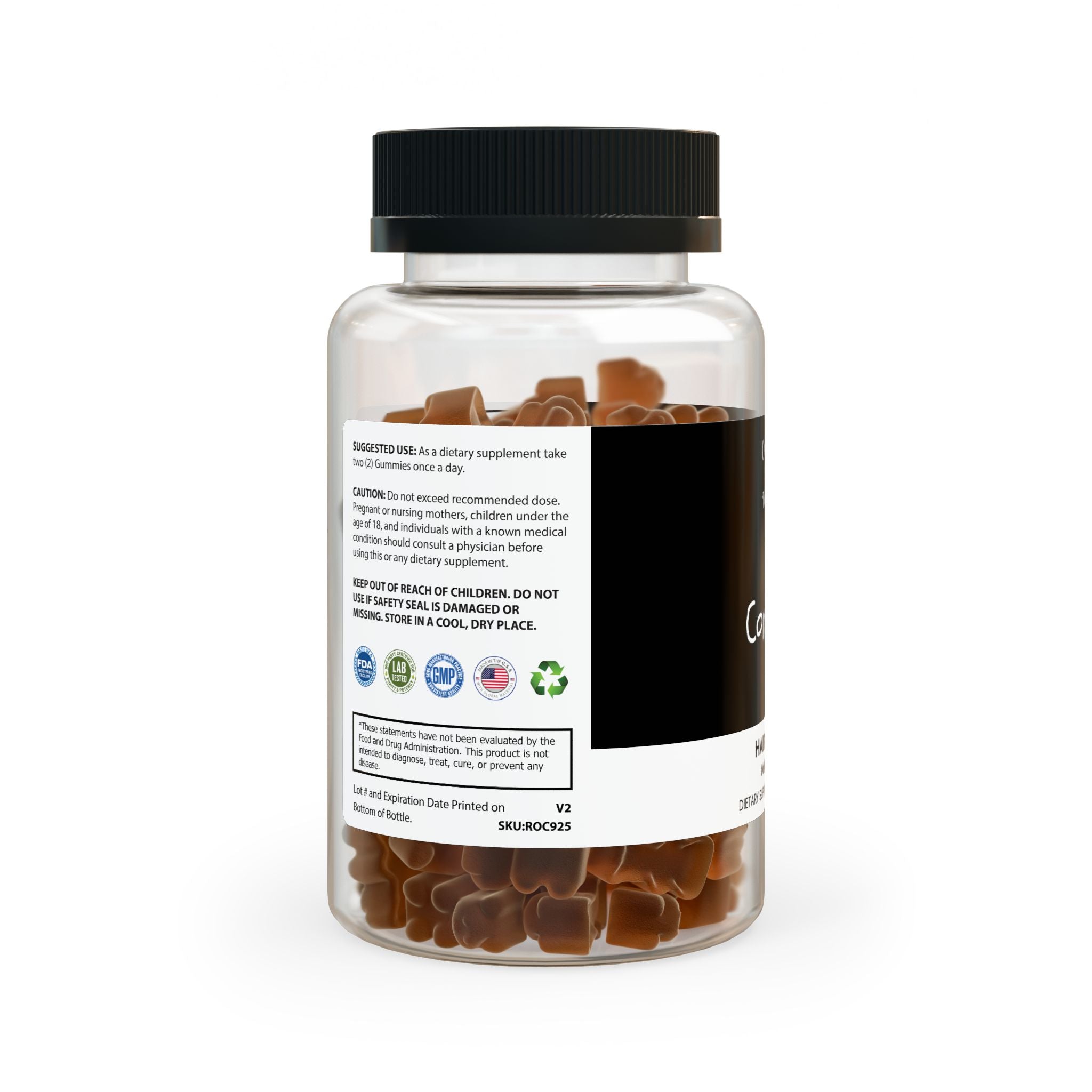 A bottle of Hair Vitamin Gummies containing 60 gummies, showcasing vibrant colors and a label highlighting essential vitamins for hair health.