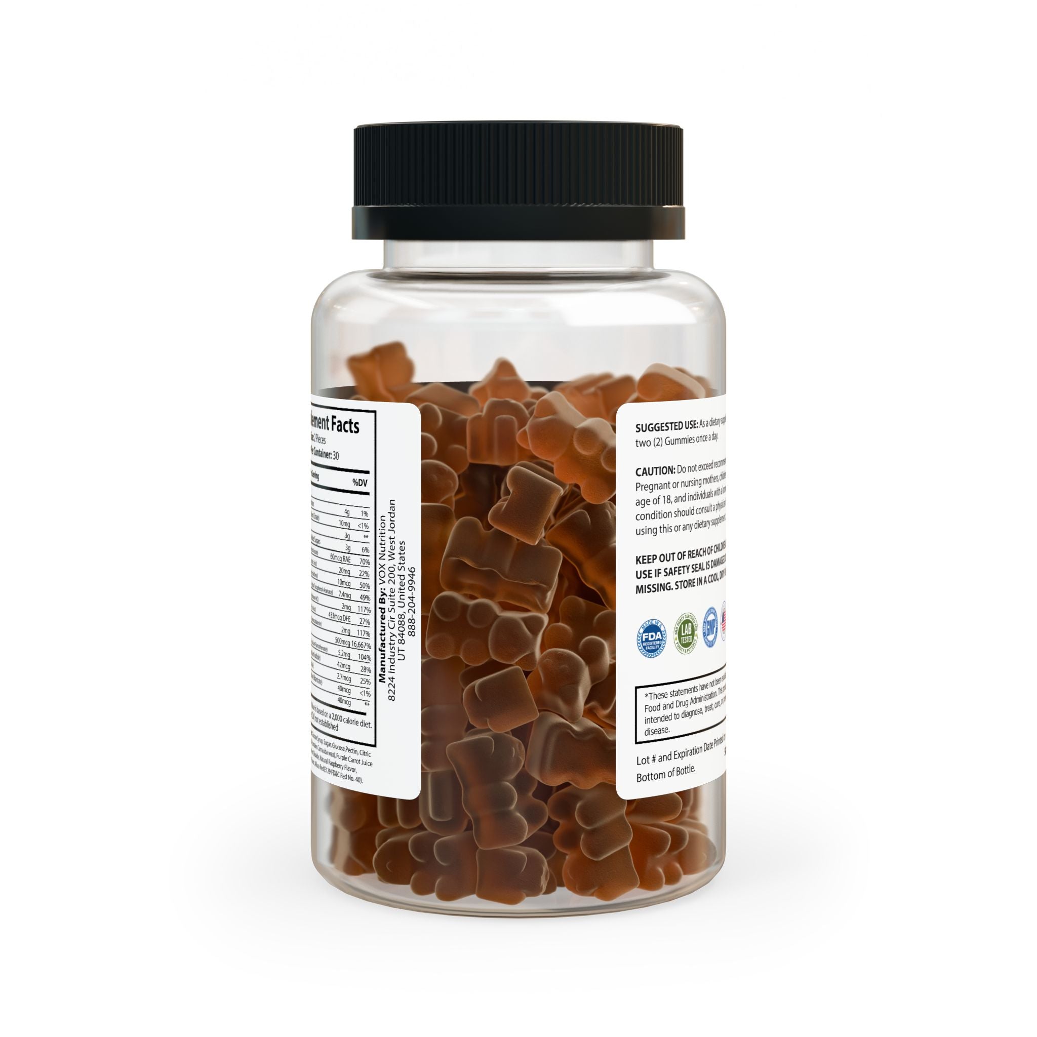 A bottle of Hair Vitamin Gummies containing 60 gummies, showcasing vibrant colors and a label highlighting essential vitamins for hair health.