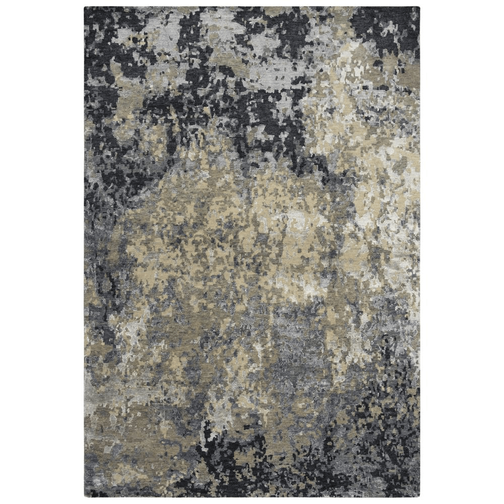 Hand knotted cut pile wool and viscose rug in neutral abstract design, measuring 10' x 14', showcasing beige, grey, taupe, and black tones.