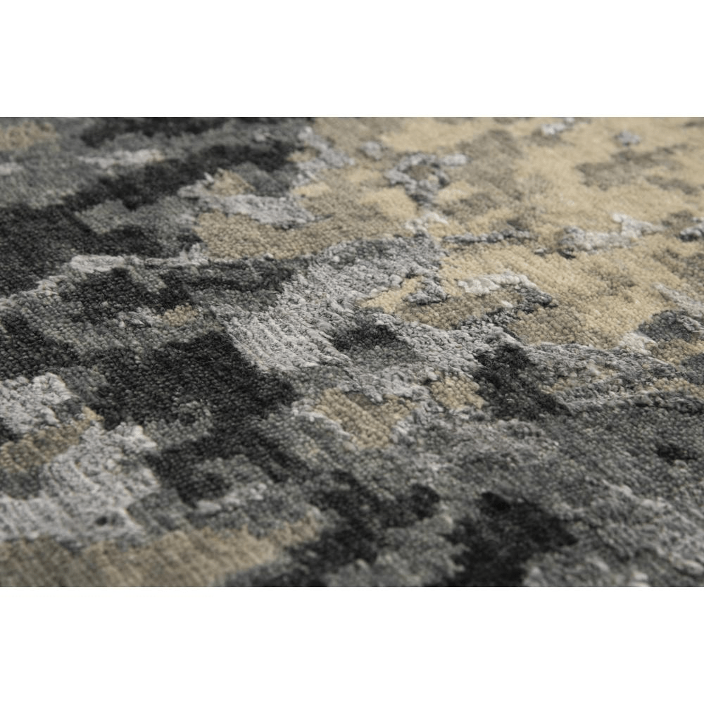 Hand knotted cut pile wool and viscose rug in neutral abstract design, measuring 10' x 14', showcasing beige, grey, taupe, and black tones.