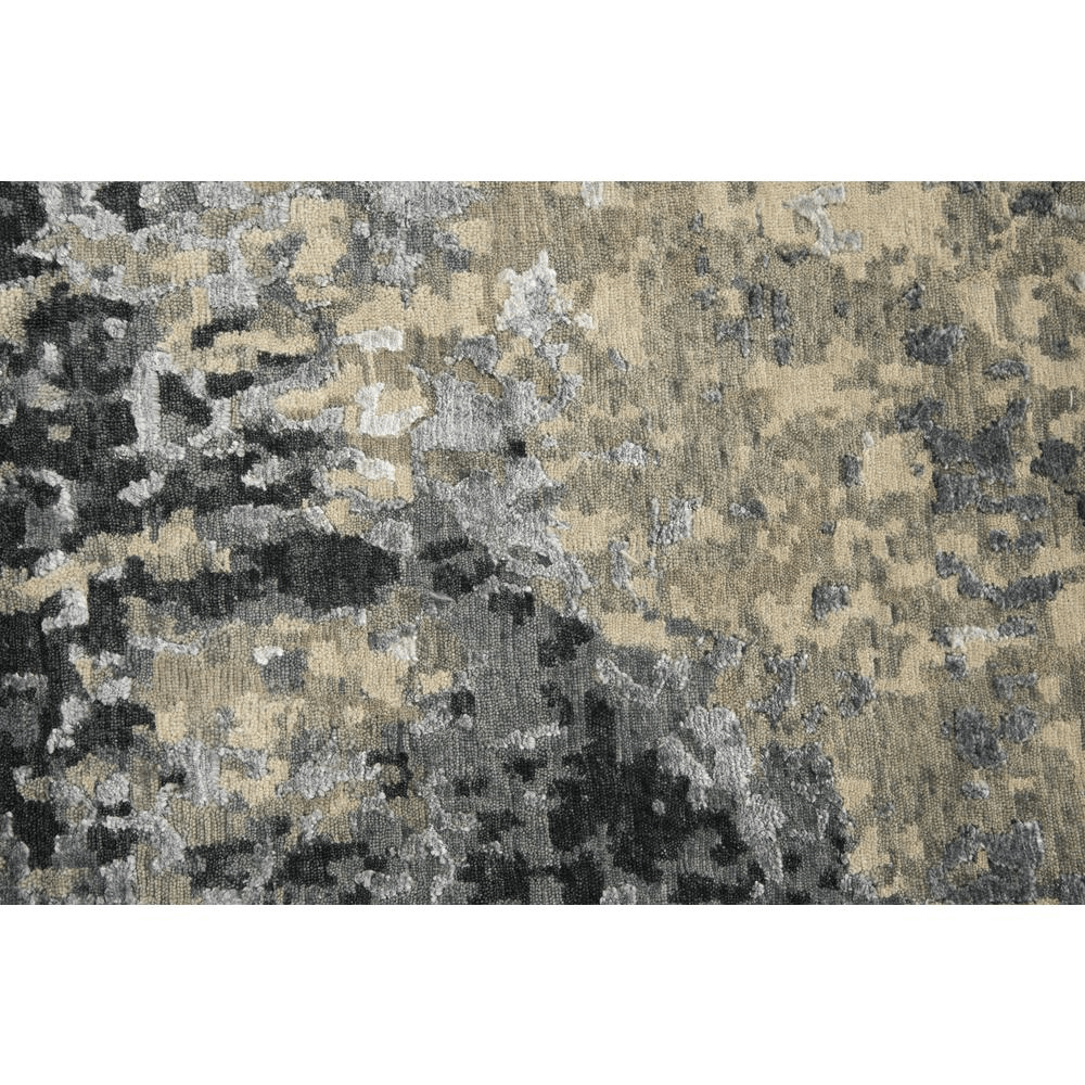 Hand knotted cut pile wool and viscose rug in neutral abstract design, measuring 10' x 14', showcasing beige, grey, taupe, and black tones.