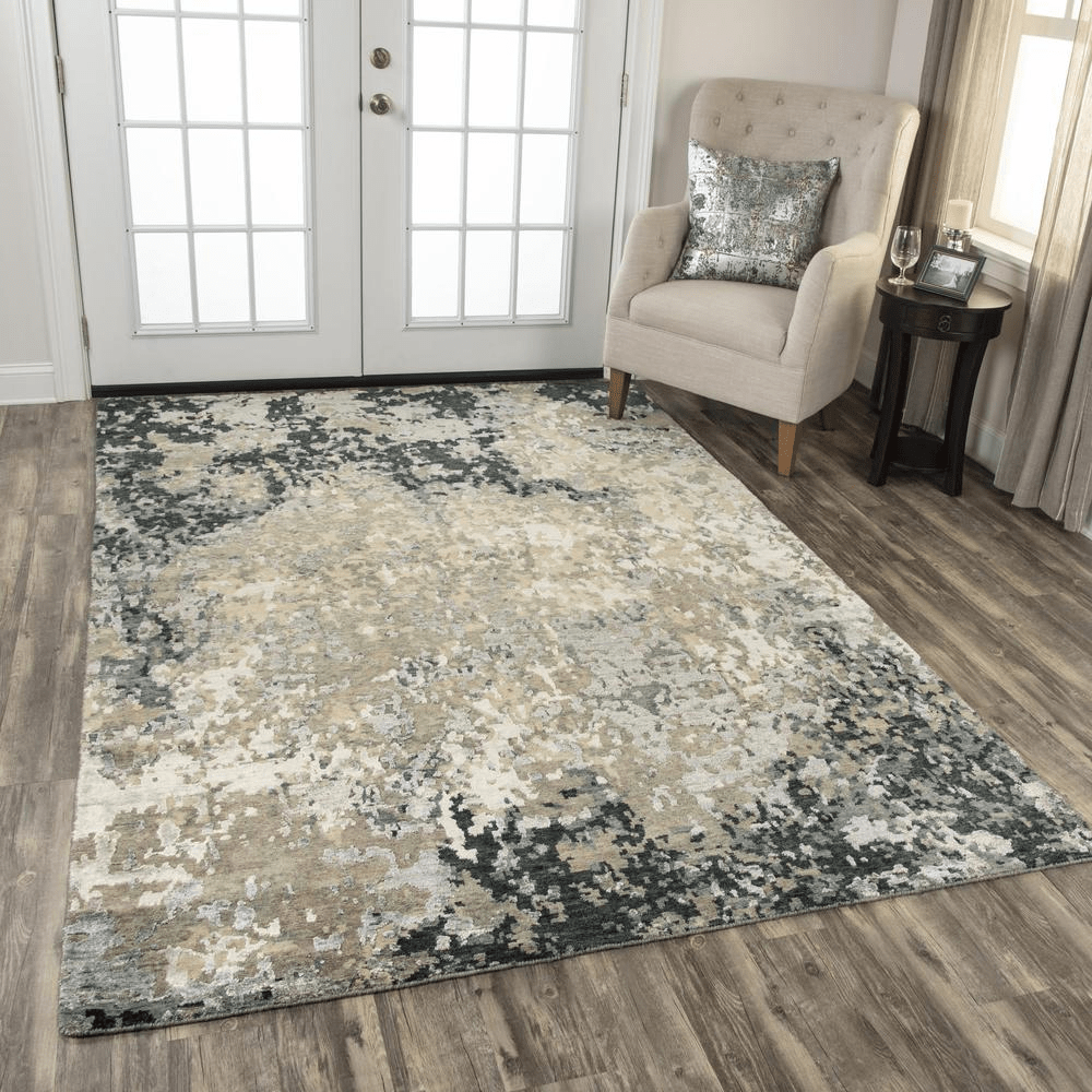 Hand knotted cut pile wool and viscose rug in neutral abstract design, measuring 10' x 14', showcasing beige, grey, taupe, and black tones.