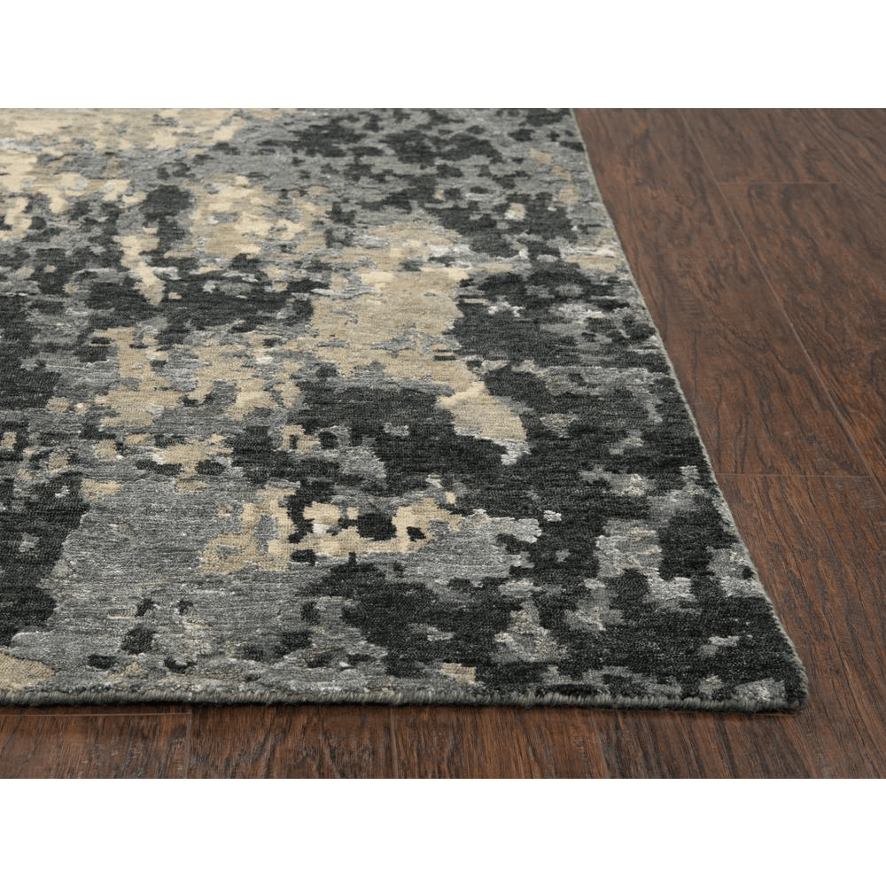 Hand knotted cut pile wool and viscose rug in neutral abstract design, measuring 10' x 14', showcasing beige, grey, taupe, and black tones.