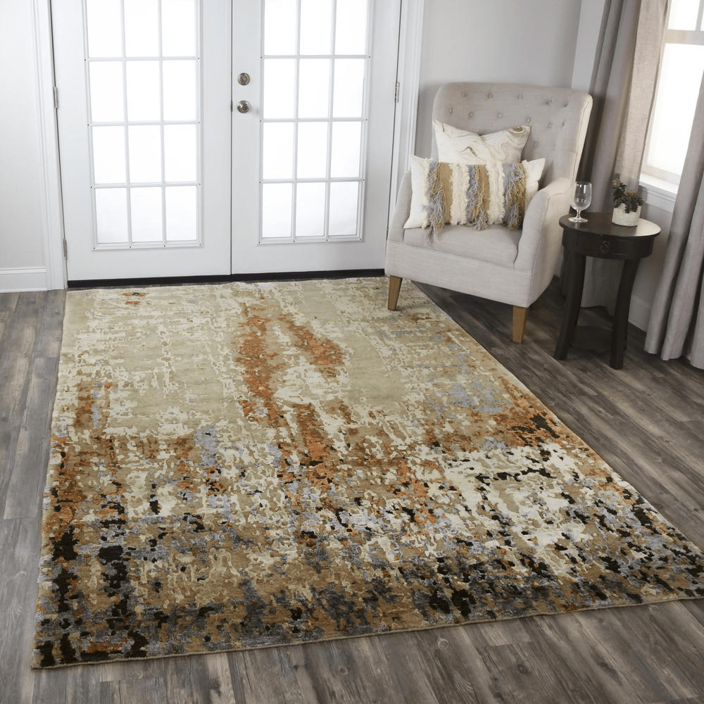 Hand Knotted Cut Pile Wool/Viscose Rug in beige and grey tones, measuring 10' x 14', showcasing an abstract design with luxurious texture.