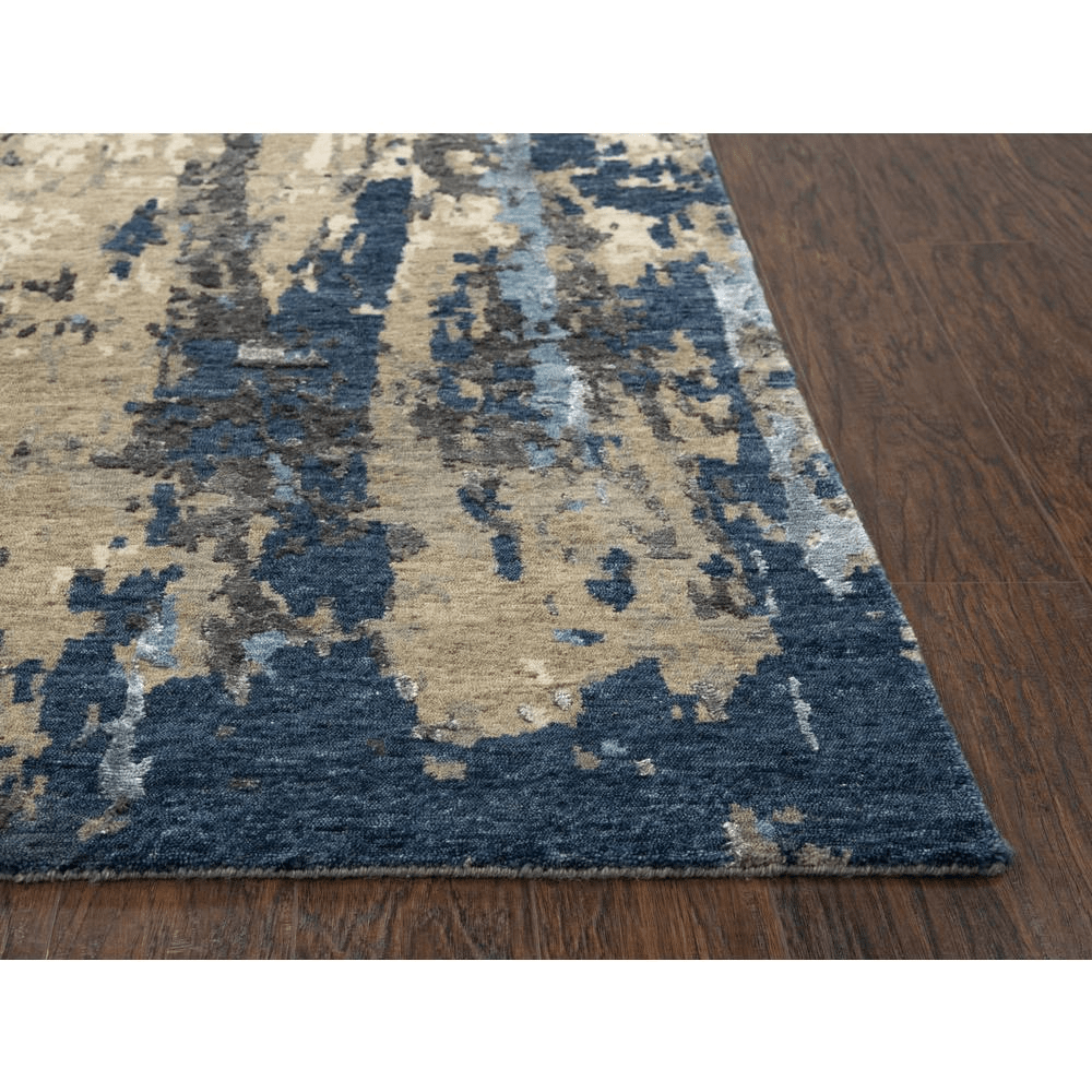 Hand Knotted Cut Pile Wool/Viscose Rug in sapphire blue and grey tones, measuring 10' x 14', showcasing elegant textures and patterns.