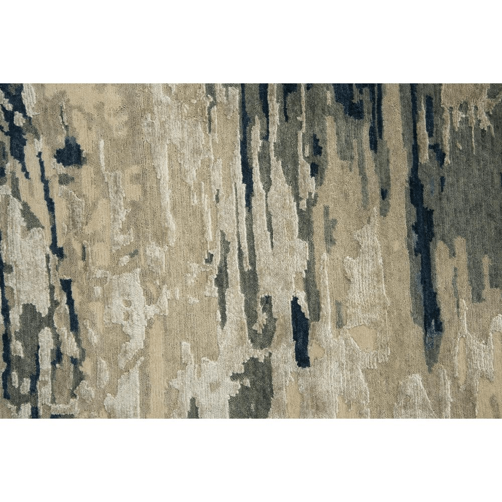 Hand Knotted Cut Pile Wool/Viscose Rug in blues and greys on beige, measuring 10' x 14', showcasing artisan craftsmanship.