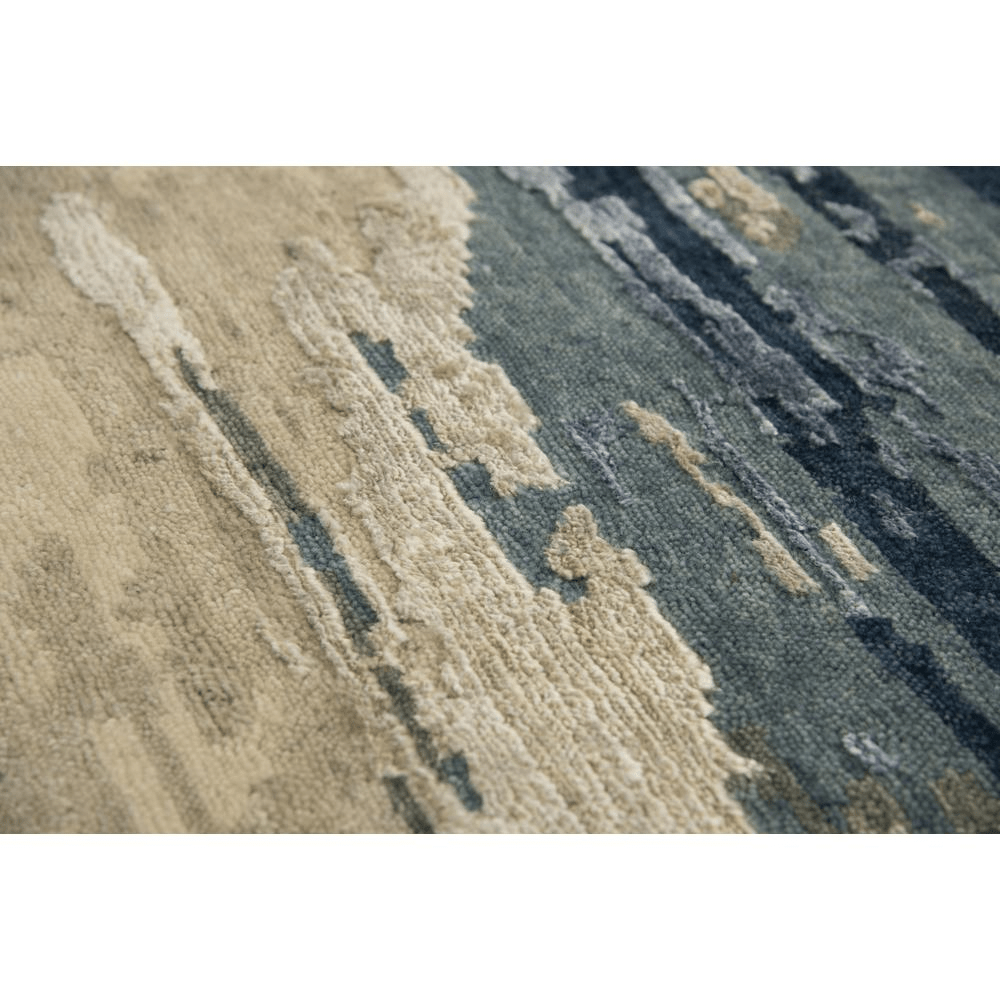 Hand Knotted Cut Pile Wool/Viscose Rug in blues and greys on beige, measuring 10' x 14', showcasing artisan craftsmanship.