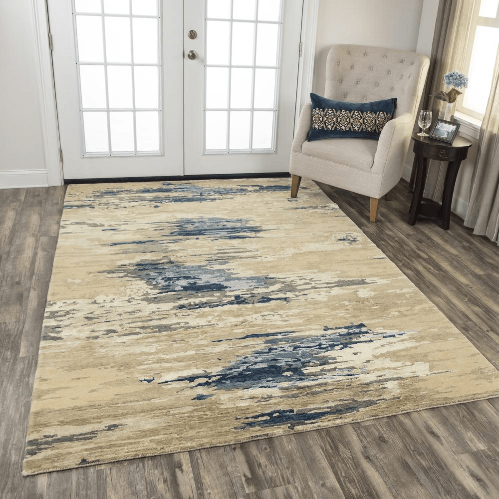 Hand Knotted Cut Pile Wool/Viscose Rug in blues and greys on beige, measuring 10' x 14', showcasing artisan craftsmanship.