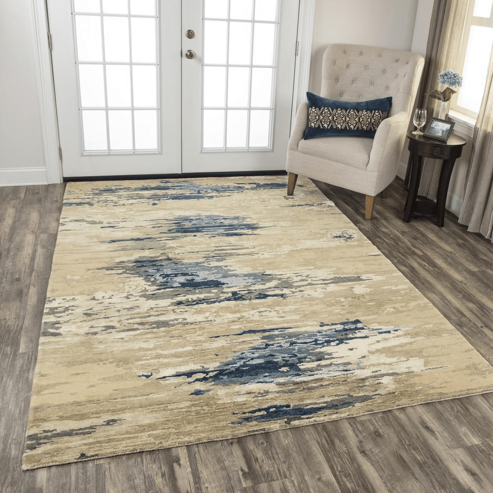 Hand Knotted Cut Pile Wool/Viscose Rug in blues and greys on beige, measuring 10' x 14', showcasing artisan craftsmanship.