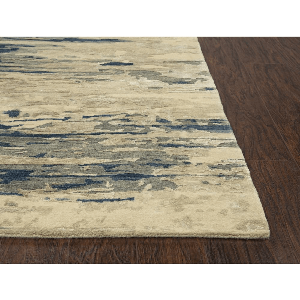 Hand Knotted Cut Pile Wool/Viscose Rug in blues and greys on beige, measuring 10' x 14', showcasing artisan craftsmanship.