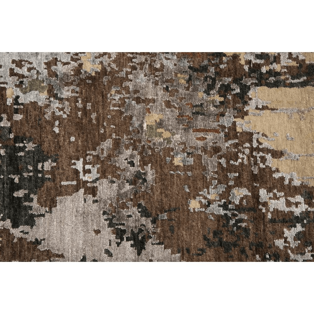 Hand knotted cut pile wool and viscose rug in rich earth tones, measuring 8' x 10', showcasing intricate textures and patterns.
