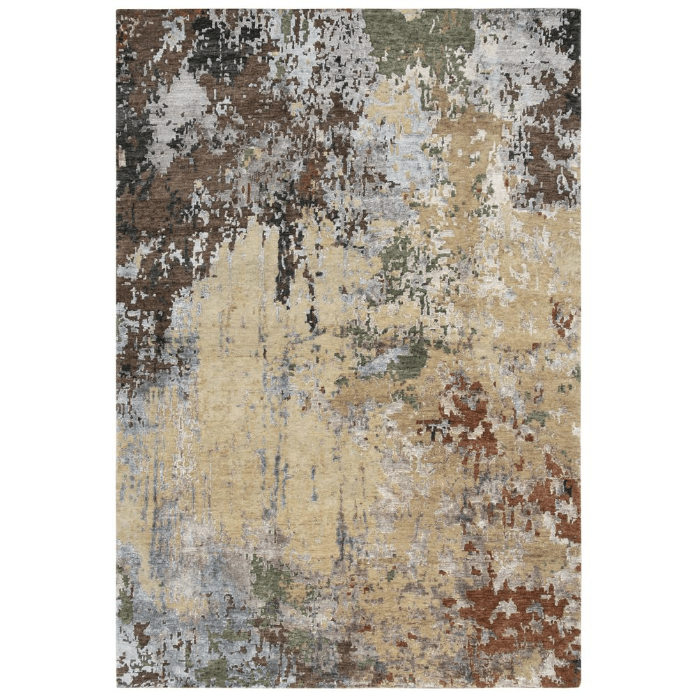 Hand knotted cut pile wool and viscose rug in rich earth tones, measuring 8' x 10', showcasing intricate textures and patterns.