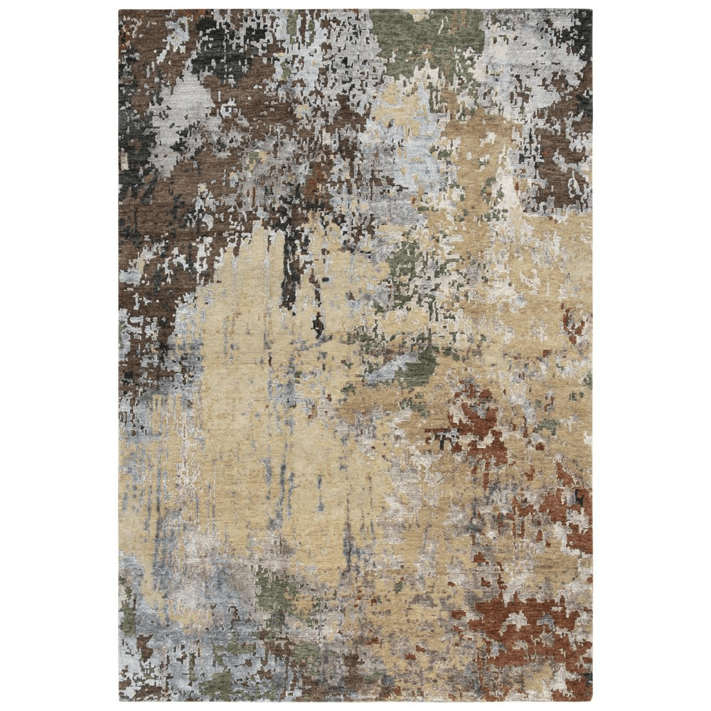 Hand knotted cut pile wool and viscose rug in rich earth tones, measuring 8' x 10', showcasing intricate textures and patterns.