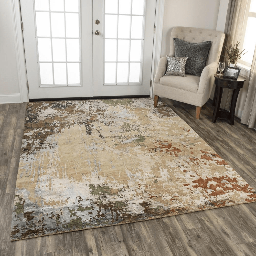 Hand knotted cut pile wool and viscose rug in rich earth tones, measuring 8' x 10', showcasing intricate textures and patterns.