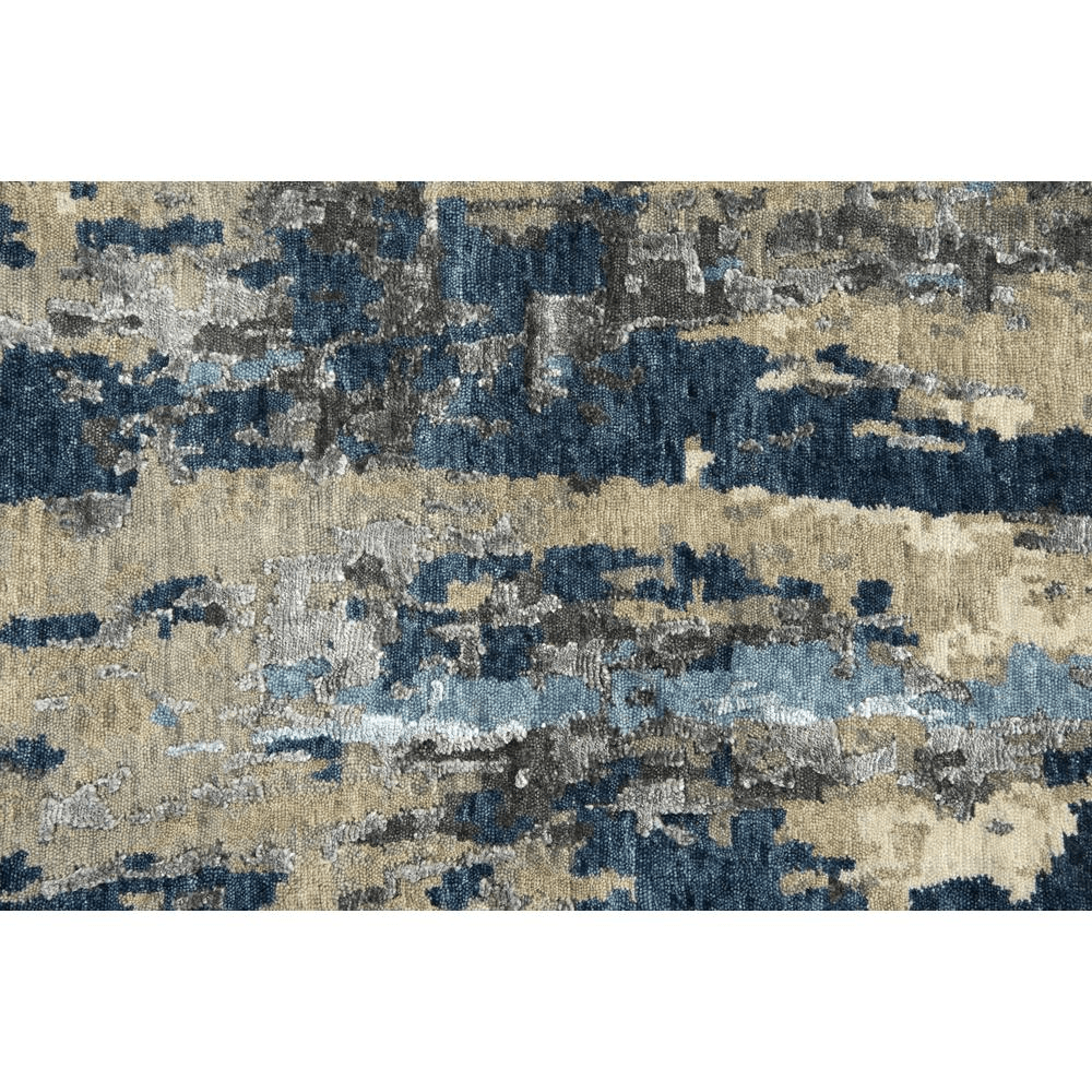 Hand Knotted Cut Pile Wool/Viscose Rug in sapphire blue and grey tones, measuring 8' x 10', showcasing elegant textures and craftsmanship.