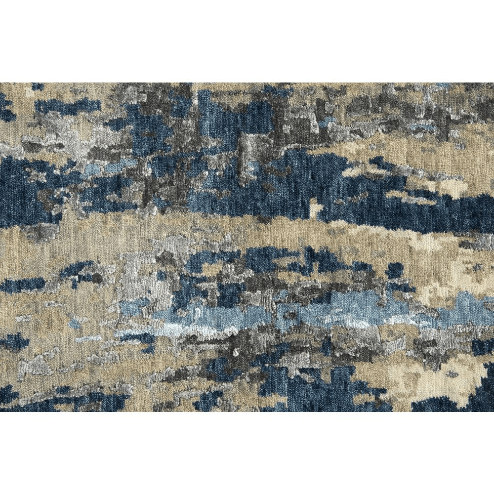 Hand Knotted Cut Pile Wool/Viscose Rug in sapphire blue and grey tones, measuring 8' x 10', showcasing elegant textures and craftsmanship.
