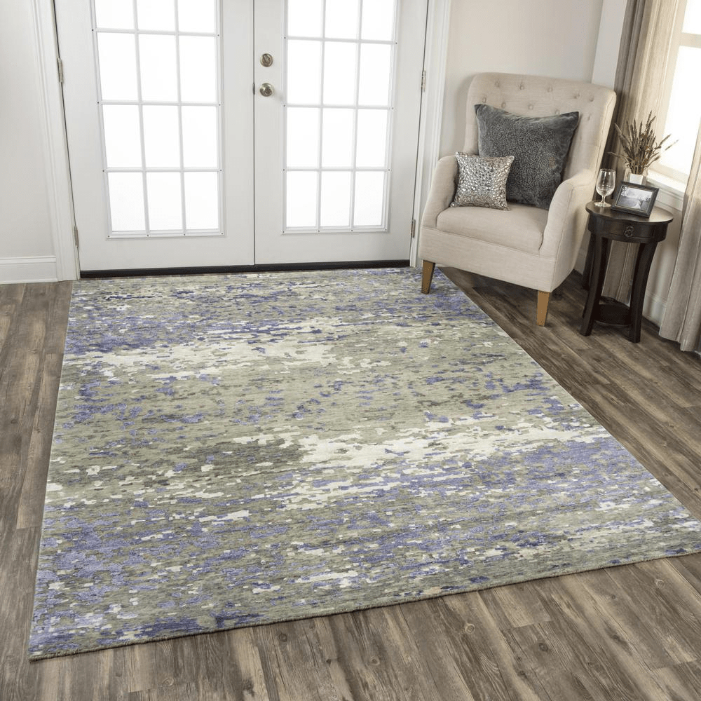 Hand Knotted Cut Pile Wool/Viscose Rug in lavender, beige, and ivory, showcasing intricate hand-knotting and luxurious texture.
