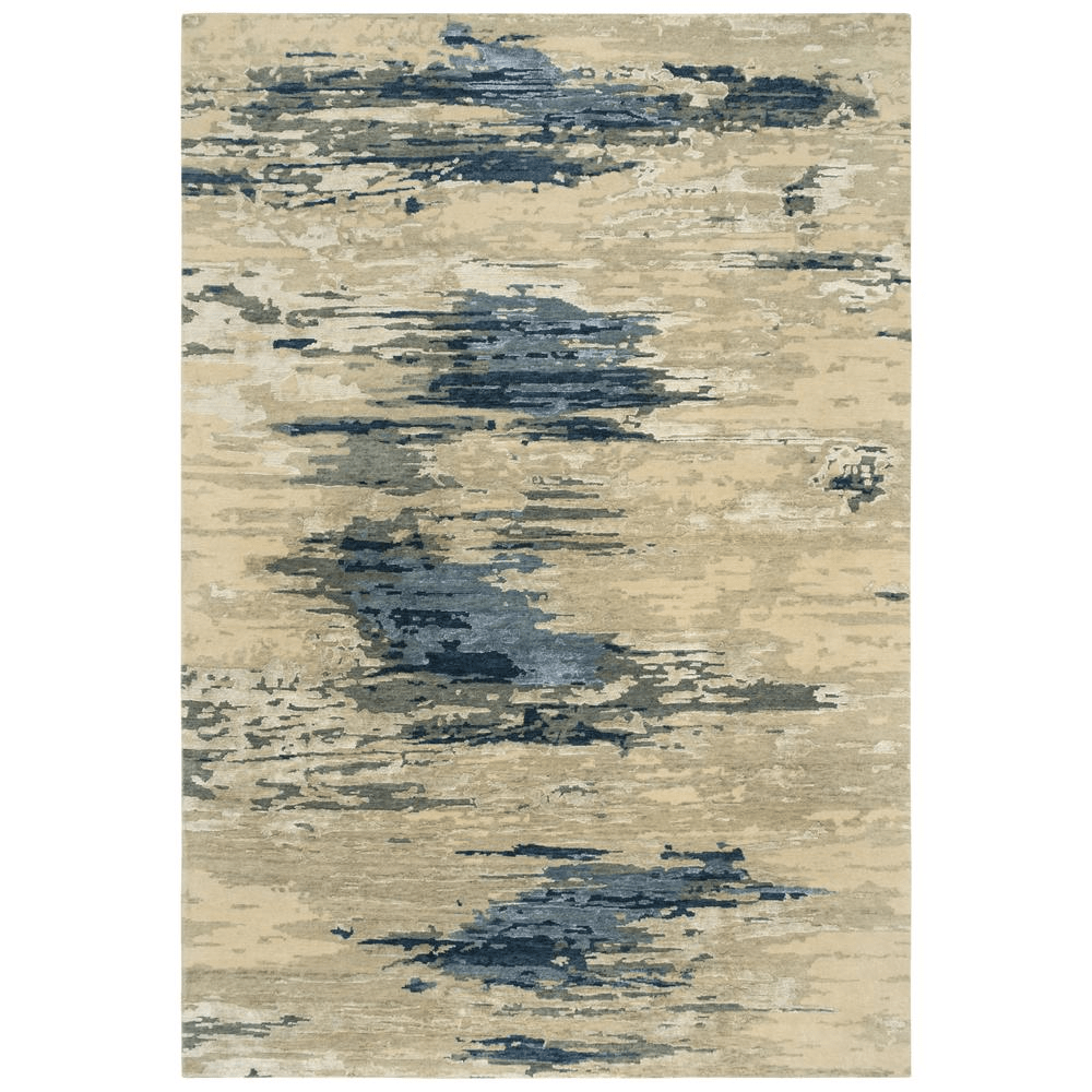 Hand Knotted Cut Pile Wool/Viscose Rug in blues and greys on a beige background, measuring 9' x 12', showcasing intricate artisan craftsmanship.