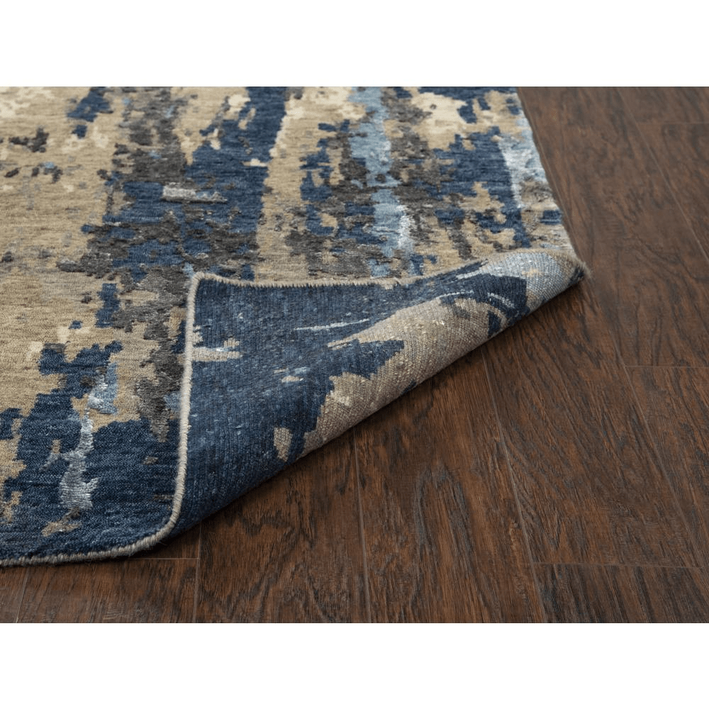 Hand Knotted Cut Pile Wool/Viscose Rug in sapphire blue and grey tones, measuring 9' x 12', showcasing elegant textures and a plush feel.