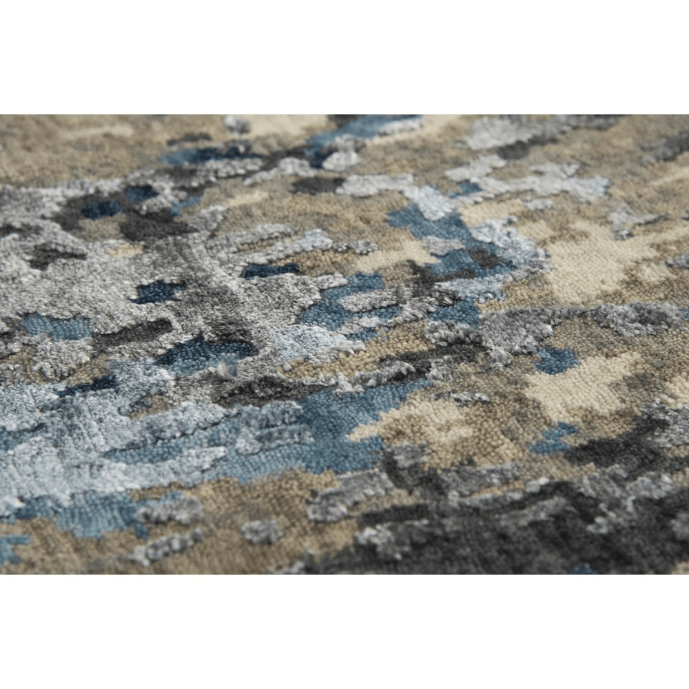 Hand Knotted Cut Pile Wool/Viscose Rug in sapphire blue and grey tones, measuring 9' x 12', showcasing elegant textures and a plush feel.