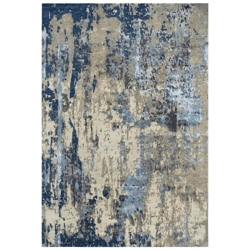 Hand Knotted Cut Pile Wool/Viscose Rug in sapphire blue and grey tones, measuring 9' x 12', showcasing elegant textures and a plush feel.