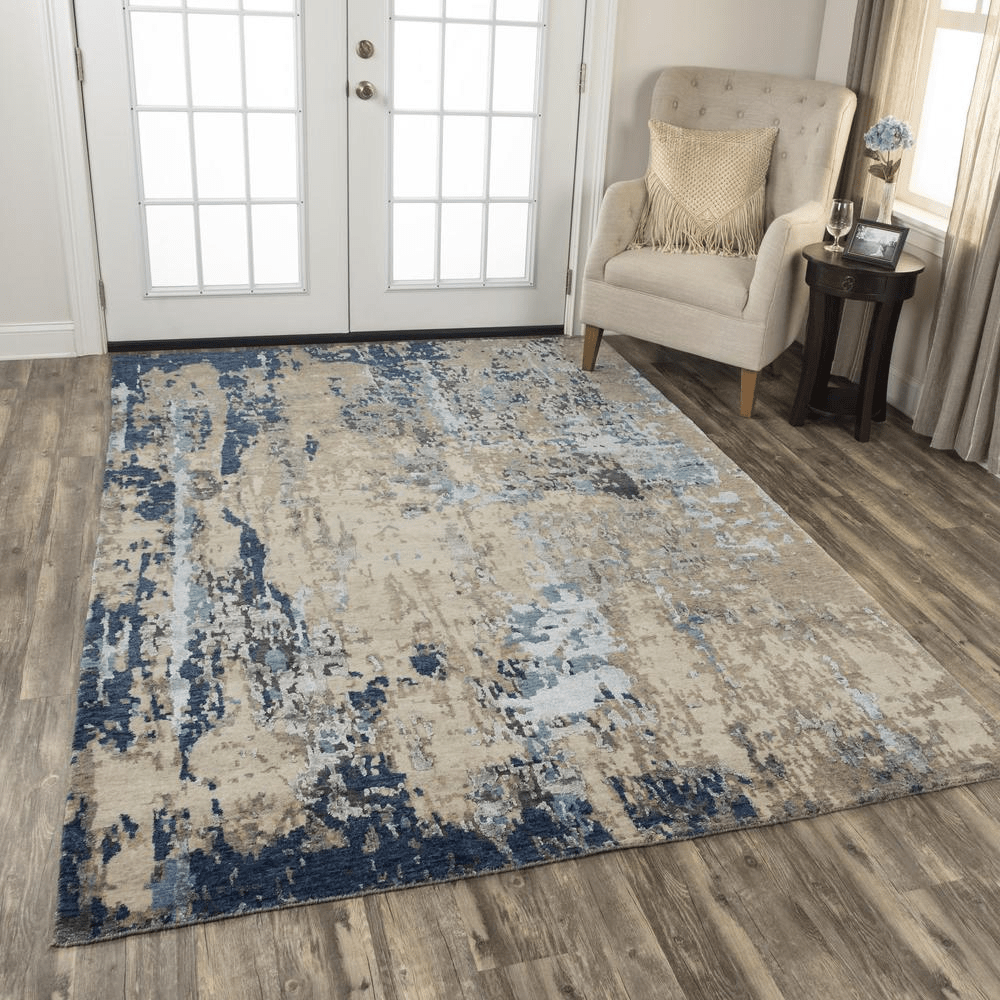 Hand Knotted Cut Pile Wool/Viscose Rug in sapphire blue and grey tones, measuring 9' x 12', showcasing elegant textures and a plush feel.