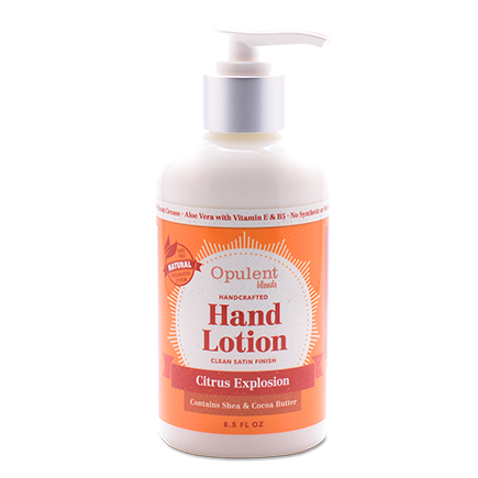 A bottle of Citrus Hand Lotion with a fresh citrus scent, showcasing its natural ingredients and non-greasy formula.