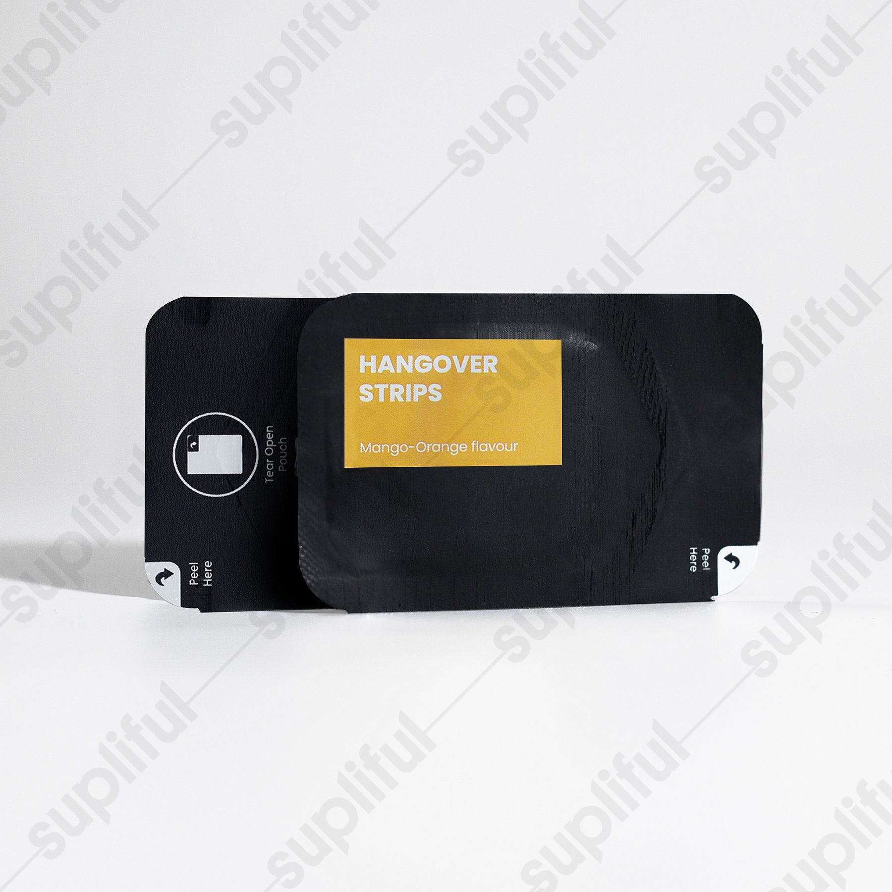 Hangover Strips in a vibrant Mango-Orange flavor packaging, showcasing Ayurvedic ingredients for hangover relief.