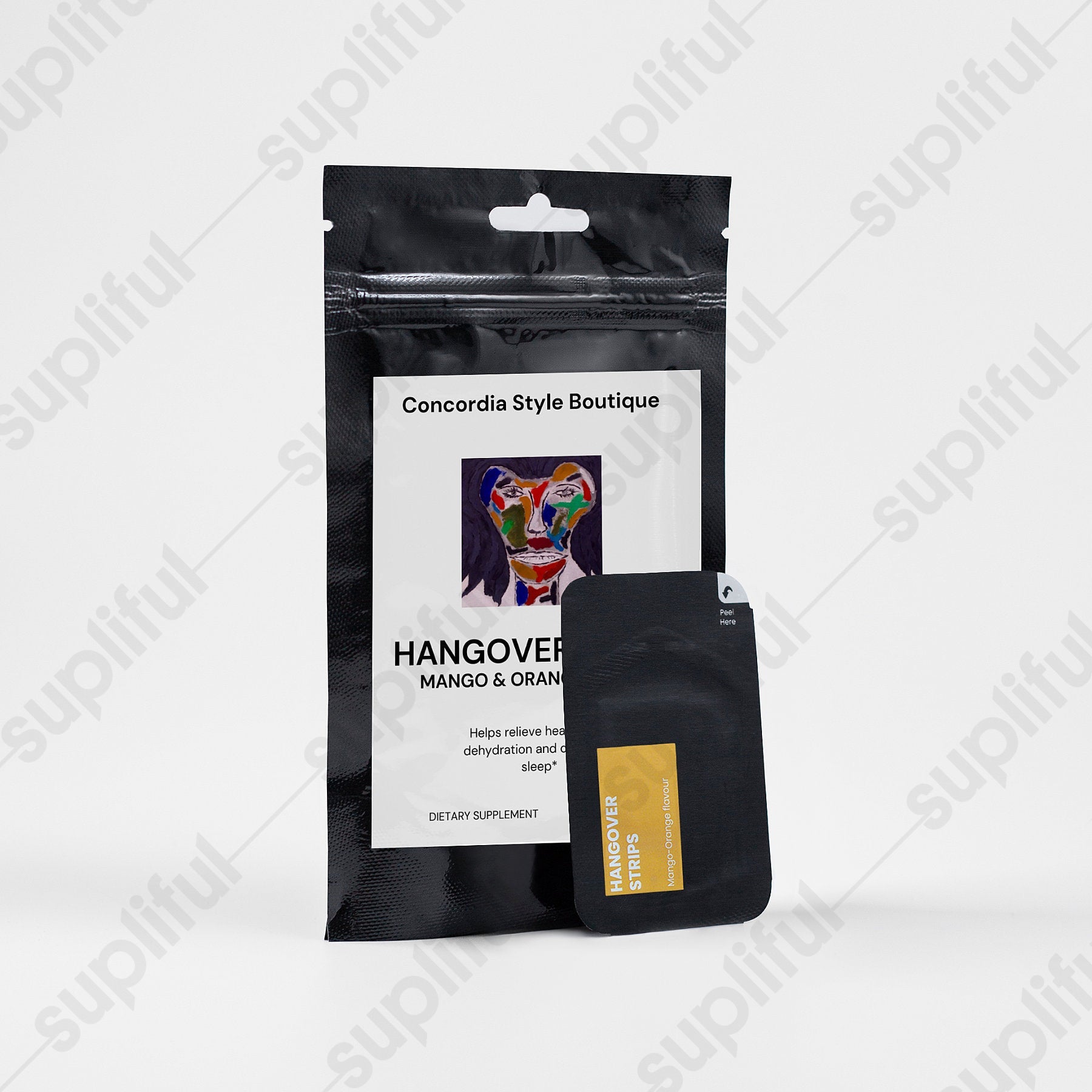 Hangover Strips in a vibrant Mango-Orange flavor packaging, showcasing Ayurvedic ingredients for hangover relief.