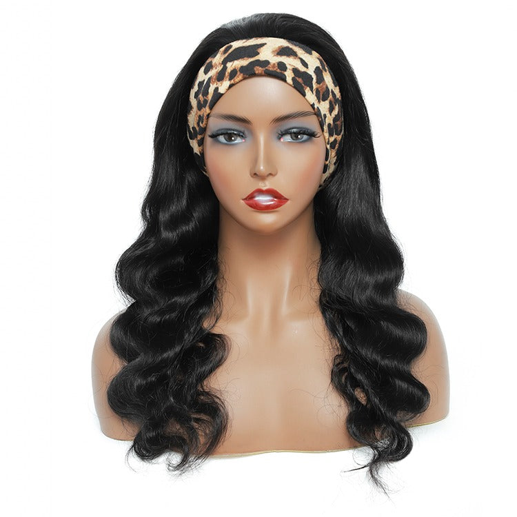 Beumax Headband Human Hair Scarf Wig in body wave style, showcasing natural black color and easy wear design.