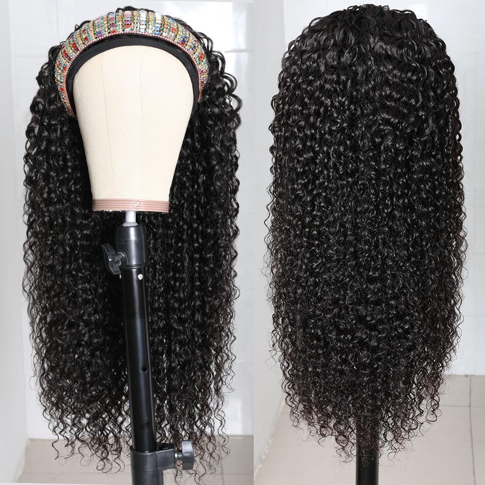 Headband Wig Jerry Curl made from 100% human hair, featuring natural black color and jerry curl texture, designed for easy wear without glue.