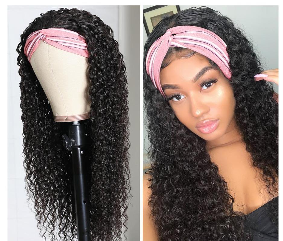 Headband Wig Jerry Curl made from 100% human hair, featuring natural black color and jerry curl texture, designed for easy wear without glue.