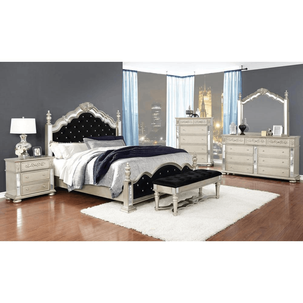 Heidi 5-piece Eastern King Tufted Upholstered Bedroom Set featuring metallic platinum finish and black velvet upholstery.